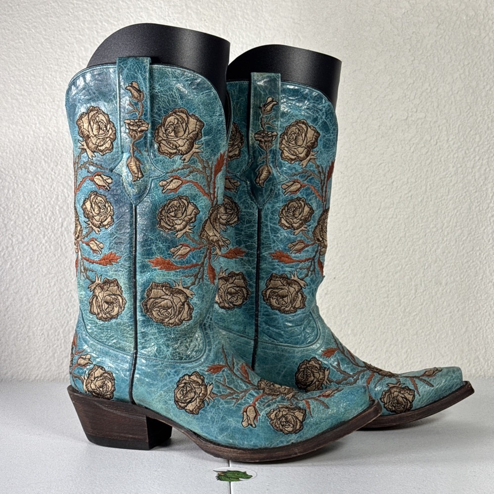 Lucchese Turquoise Cowboy Boots Womens 6 Distressed Embroidered Roses M5646